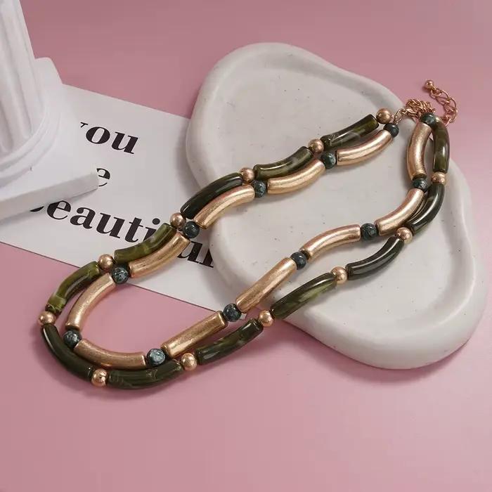 Collier de perles vertes bohème multicouche, Style rétro, chaîne en alliage d'or, bijoux élégants qu