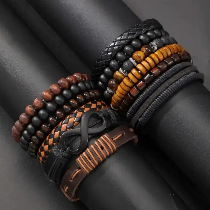 Ensemble de 12 bracelets vintage tissés en simili cuir œil de tigre et perles de pierre de lune pour accessoires de mode de fête décontractés occassions spéciales femmes