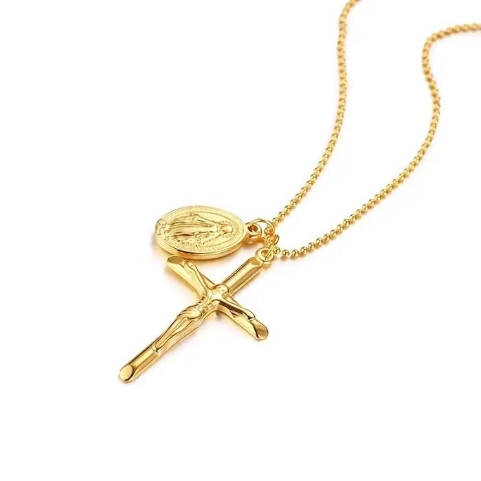 Collier avec pendentif en forme de croix et médaille miraculeuse de la vierge marie pour femmes
