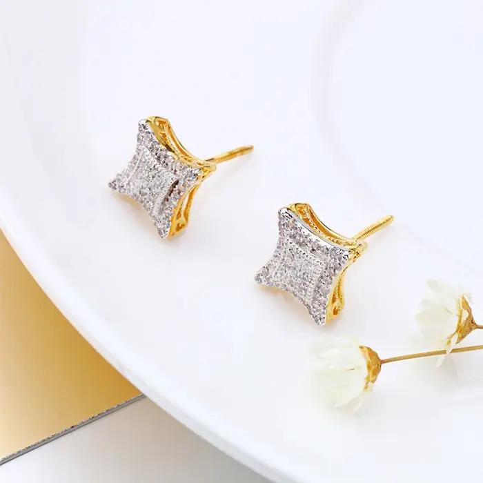 VANAXIN Hip Hop Zircon carré Bling boucle d'oreille matériau en laiton glacé plaqué or 14 carats pour femmes hommes bijoux
