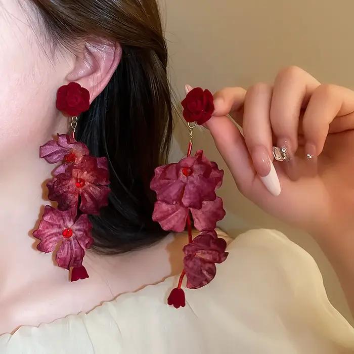 Boucles d'oreilles pendantes en forme de rose pour femme