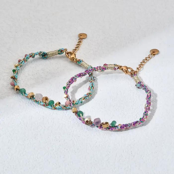 Bracelet en corde tressée colorée mélangée en pierre Boho de style français, perles en acier inoxydable plaqué or 18 carats, réglable, bijoux