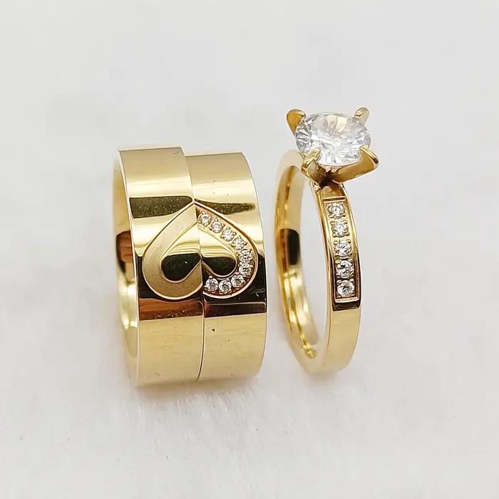 Love Alliance 3 pièces promesse de mariage bagues de fiançailles ensembles pour hommes et femmes 24k plaqué or Couple anneaux avec coeur symbole conception