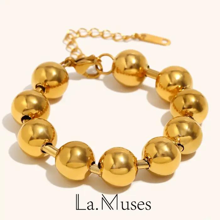 La Muses – Bracelet chaîne de perles rondes exagérées pour femmes, en acier inoxydable, plaqué or PVD 18K, bijoux étanches, cadeaux
