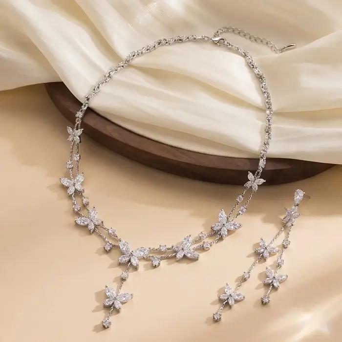 Ensemble de bijoux pour femmes, 2 pièces, collier et boucles d'oreilles de luxe en zircone et perles, accessoires de bijoux pour fête, bal, mariage, cadeau