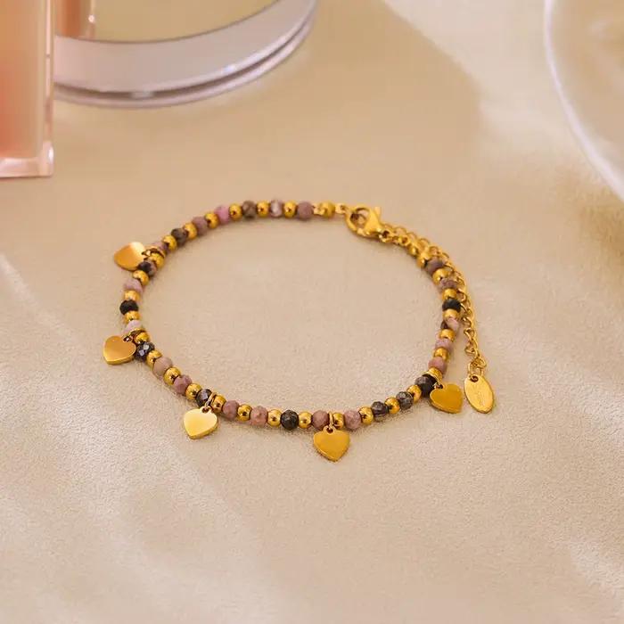 Collier et bracelet avec pendentif en forme de cœur en pierres naturelles pour femmes, plaqué or 18 carats, perles rondes en acier inoxydable, bijoux à breloques