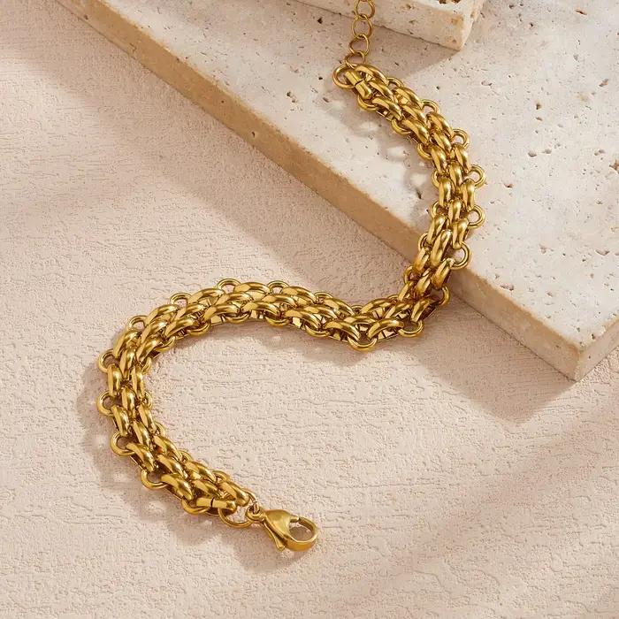 DIEYURO Bracelet Chunky Plaqué Or 18K Style Hip Hop Audacieux pour Femme, Chaîne de Main Épaisse en Acier Inoxydable Étanche, Bijou Cadeau