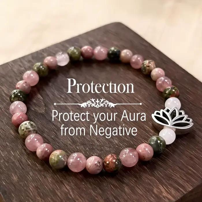 Bracelet Chakra pour femmes, quartz rose, cristal de quartz rose, pierre naturelle, bijoux de guérison avec charme de lotus, cadeau pour femmes