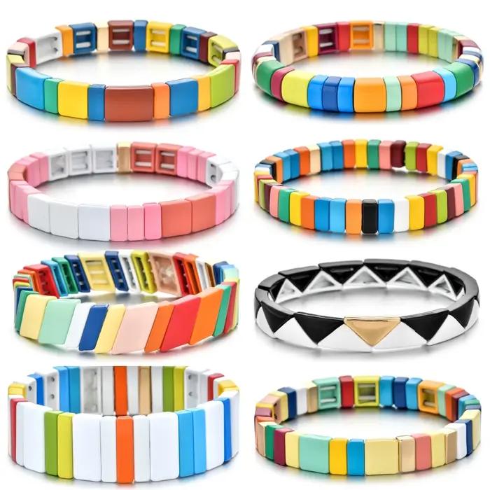 Bracelet bohème fait à la main carreaux arc-en-ciel émaillés empilables tressés mode photographie de rue pour femmes occasions spéciales