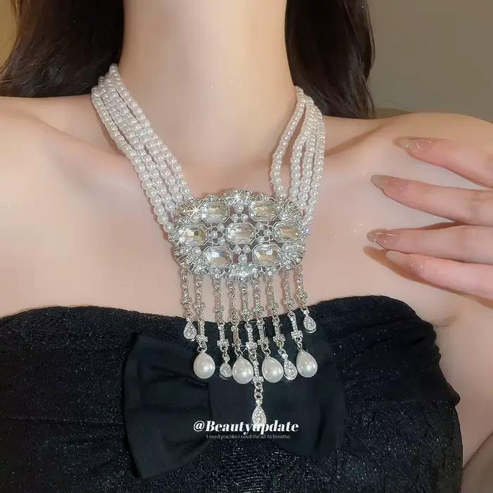 Collier multi-rangs de perles et de diamants, motif goutte d'eau carrée, à franges, chaîne de clavicule élégante et haut de gamme, style mode de niche