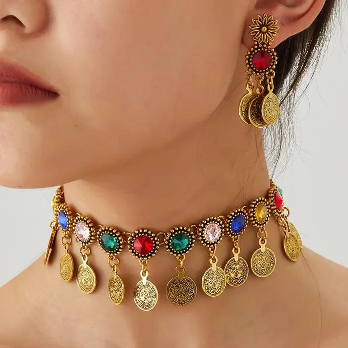 Bohème femmes gitane couleur or pièce gland collier boucle d'oreille femme mariée classique Vintage multicolore cristal bijoux de mariage