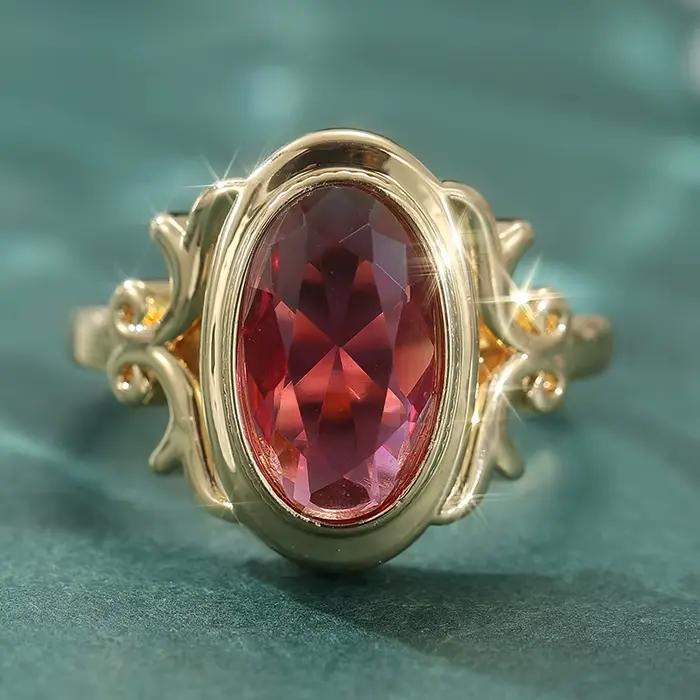 Bague vintage magnifique incrustée de rubis synthétiques ovales plaquée or pour femme