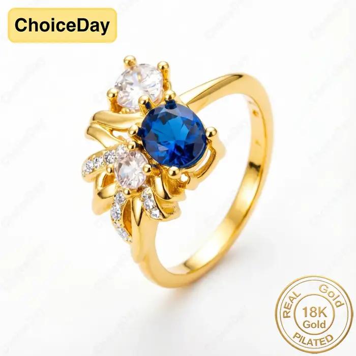 Bague florale en or plaqué 18 carats avec diamant bleu océan exquis - Bijou élégant pour femme