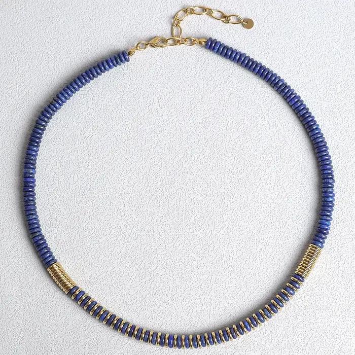 Collier de perles frisbee haut de gamme, avec lapis lazuli naturel rétro léger, chaîne de clavicule