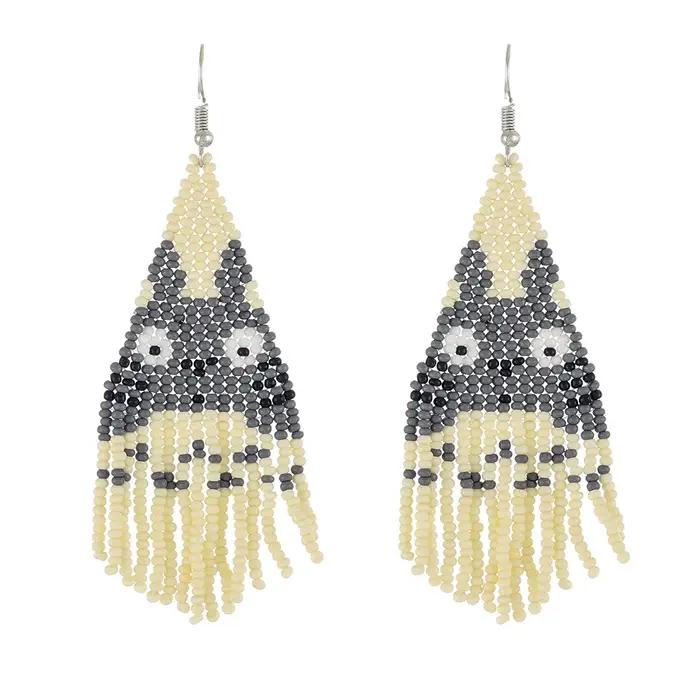 Boucles d'oreilles Totoro en perles de riz bohémien, tissées à la main, en alliage de pampilles grises et blanches, Style National, Design Original, bijoux en perles