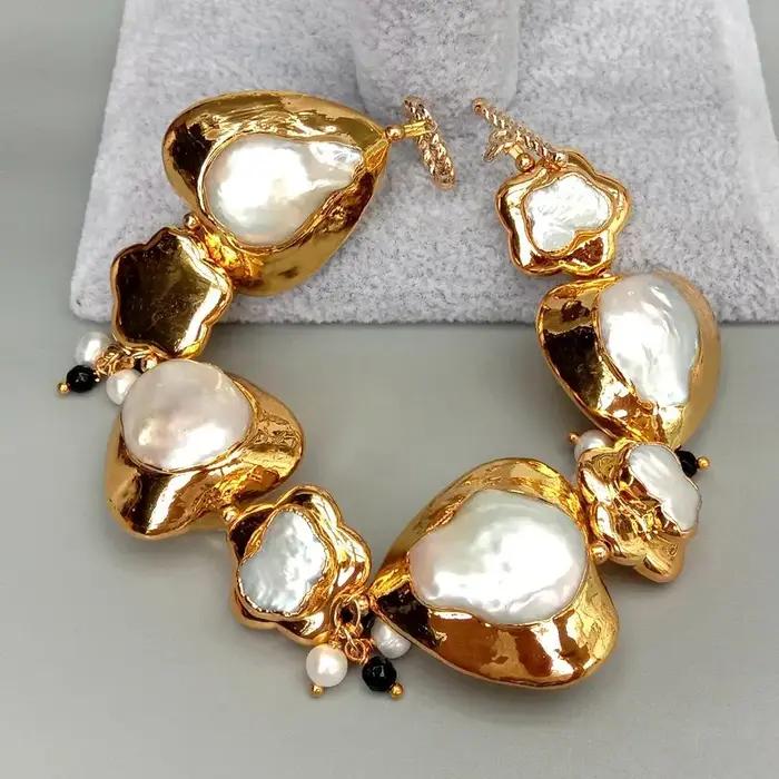KKGEM perle Keshi blanche naturelle avec Bracelet enroulé en forme de cœur et de fleur plaqué or 9 "fermoir à bascule style de classe