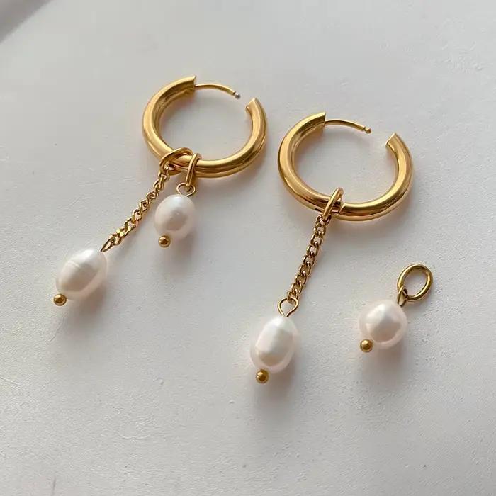 Boucles d'oreilles pendantes en perles d'eau douce de style minimaliste EManco, idéales pour les rendez-vous et les looks chics de bureau, bijoux en acier inoxydable
