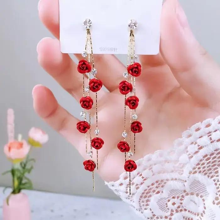 Boucles d'oreilles longues à pampilles en forme de fleur de Rose pour femmes, élégantes, brillantes, colorées, strass, pendantes, bijoux de fiançailles, de fête de mariage
