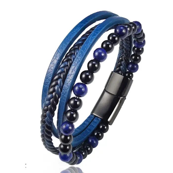 2025 nouveau Punk hommes Bracelets de perles classique mode bleu lapis lazuli perlé multicouche Bracelet en cuir