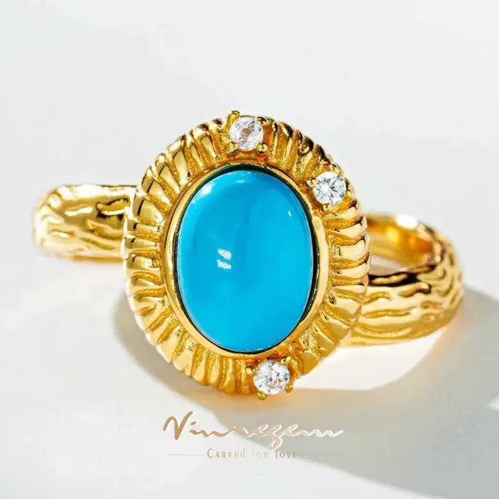 Bague Vinregem Ovale Turquoise Diamant Blanc Style Vendange Pour Femmes Occasions Spéciales