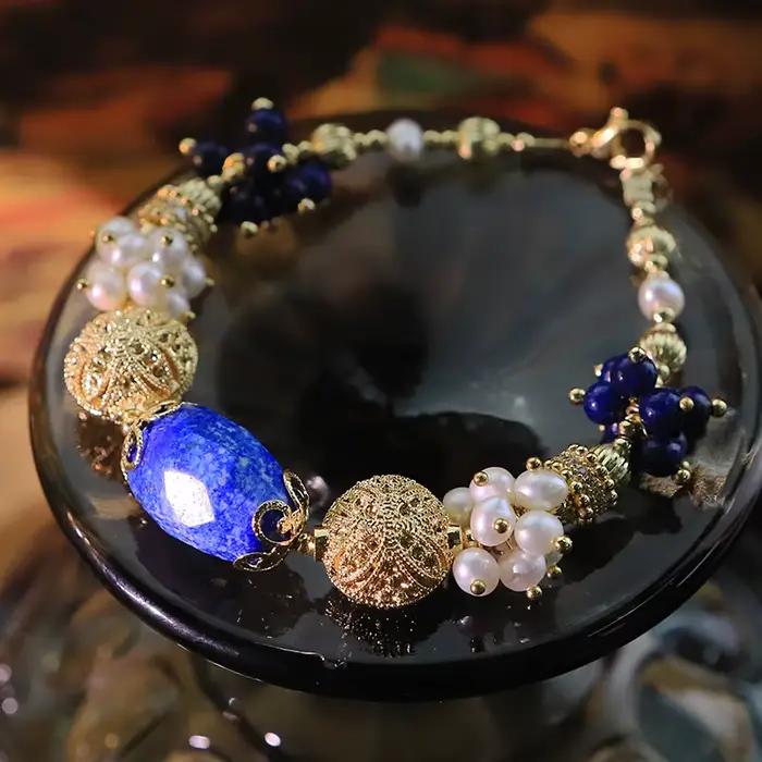 Bracelet de perles d'eau douce naturelles Lapis Lazuli