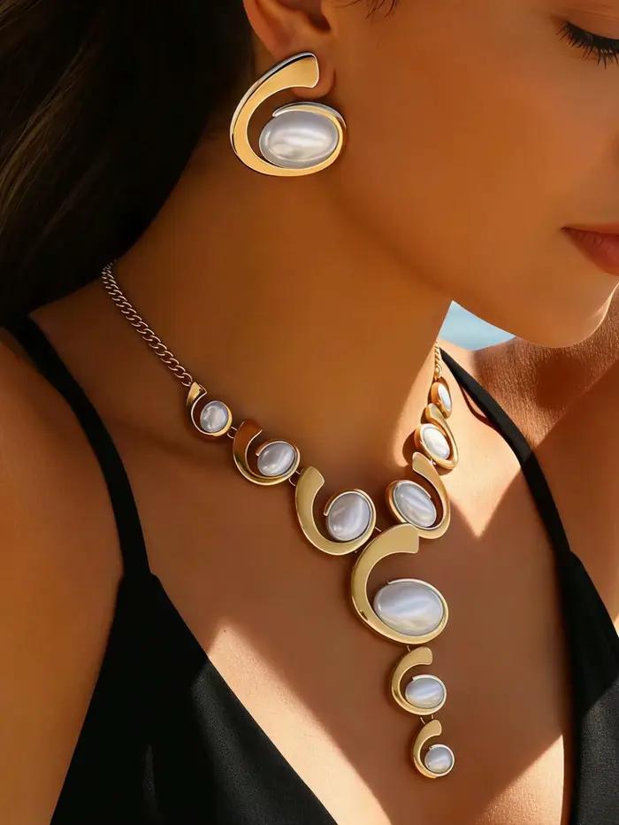 Ensemble collier et boucles d'oreilles de luxe en perles, 2 pièces, design géométrique exquis, acces