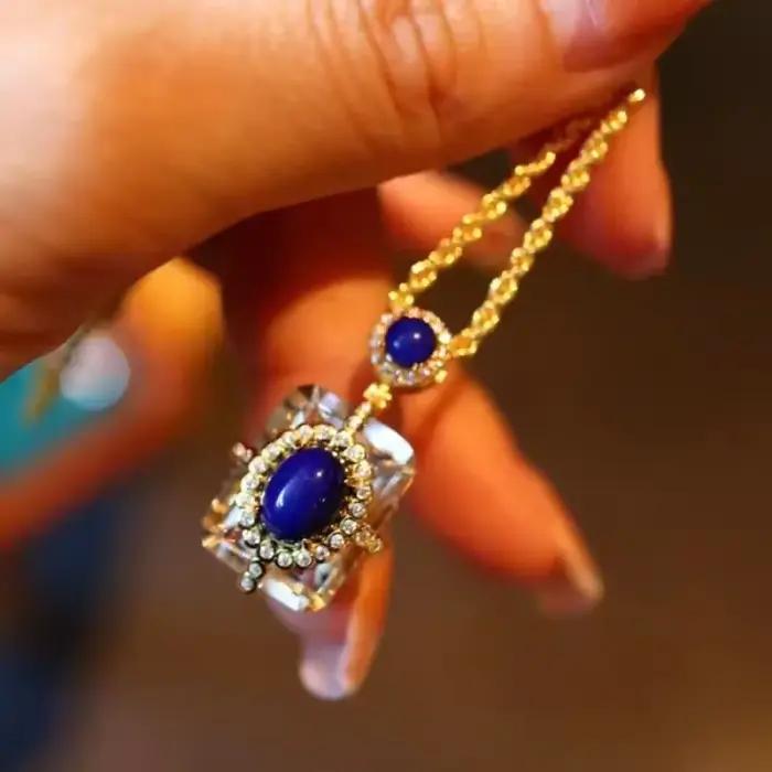 Collier en Lapis Lazuli en Argent 925 pour Femme, Design Original, Observateur, Luxe, Clip Blanc, Pendentif Carré, Clavicule Bleue, Bijoux Occasions Spéciales