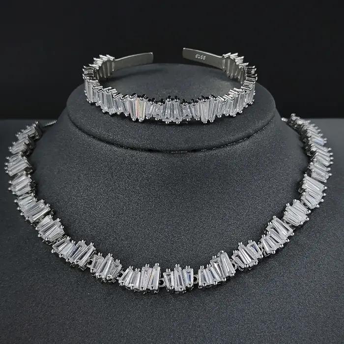 Zkeye-Ensemble de bijoux couleur argent pour femme, collier et bracelet, assemblage de luxe, mariée,