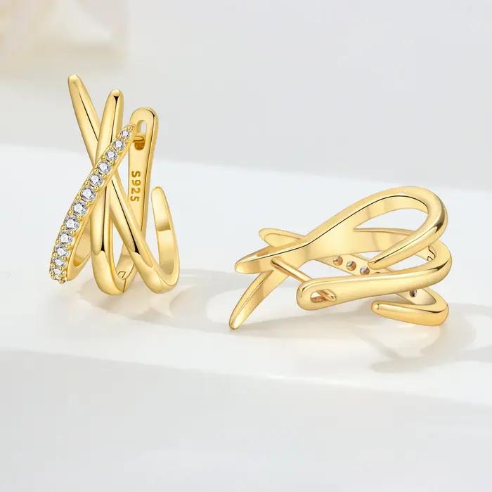 Boucles d'oreilles croisées géométriques en argent sterling S925 plaquées or 18 carats pour femmes, bijoux originaux et élégants pour toutes les occasions