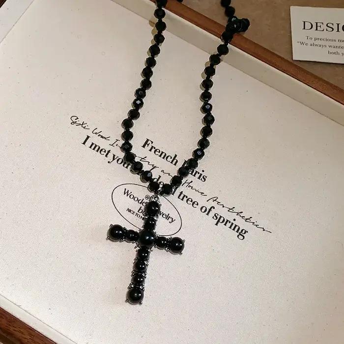 Collier pendentif croix perle noire pour femme, gothique, punk, mode, unisexe, vintage, classique, breloques, JOCouple, accessoire, cadeau
