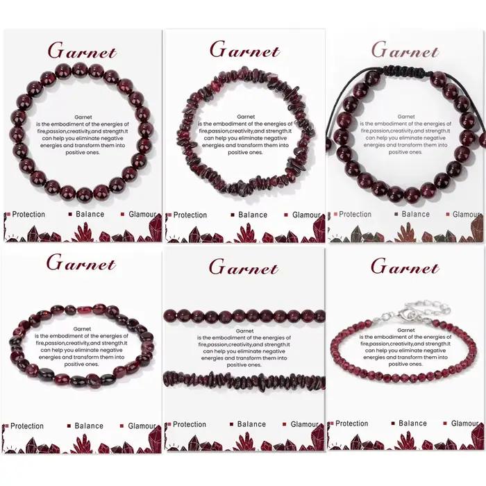 Bracelets de perles de grenat rouge naturel pour femmes et hommes, puce irrégulière, gravier, pierres de quartz rondes, avec carte, bijoux