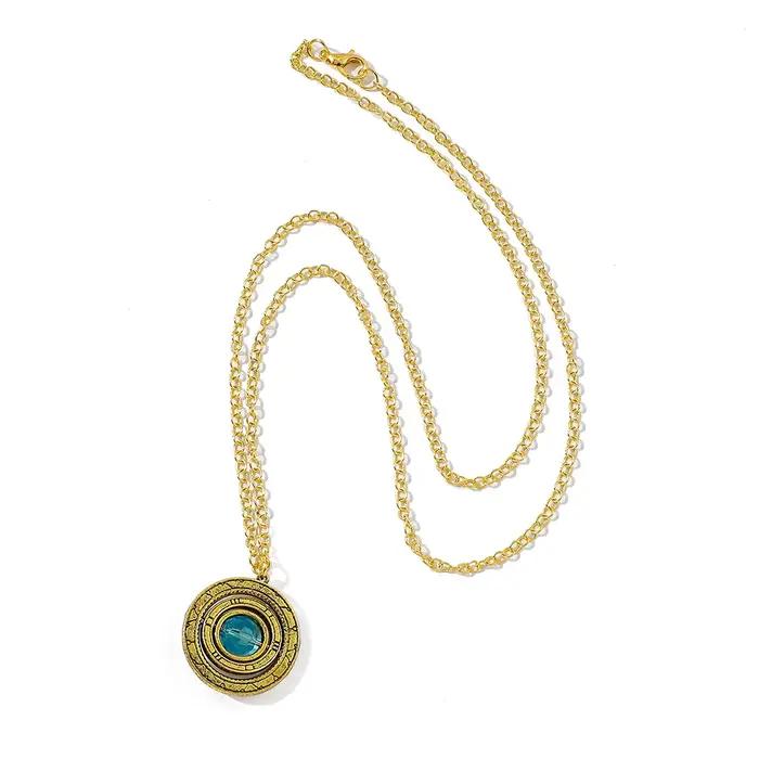 Collier Pendentif Planète Rotative Vintage en Or Antique avec Cristal Bleu, Bijou Saturne Rétro Tour