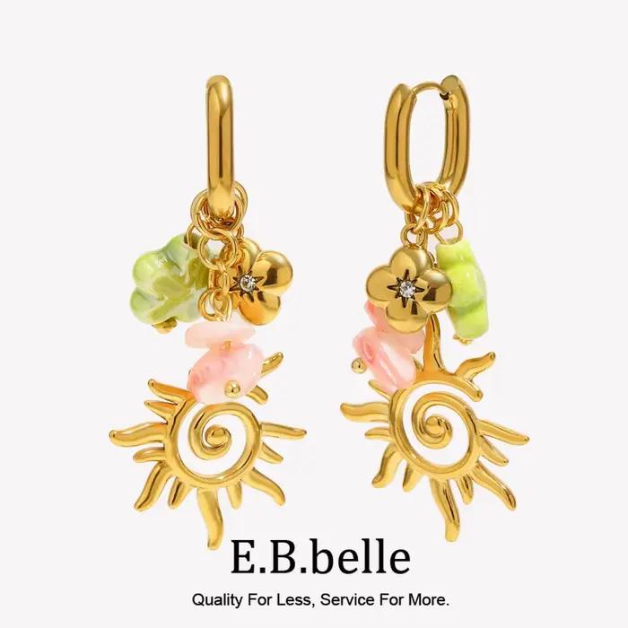 E.B.belle Charmante Petite Boucle d'Oreille Créole en Émail Rose et Vert à Motif Floral avec Pompon, Style Soleil Creux, Décoration Bijoux Estivaux