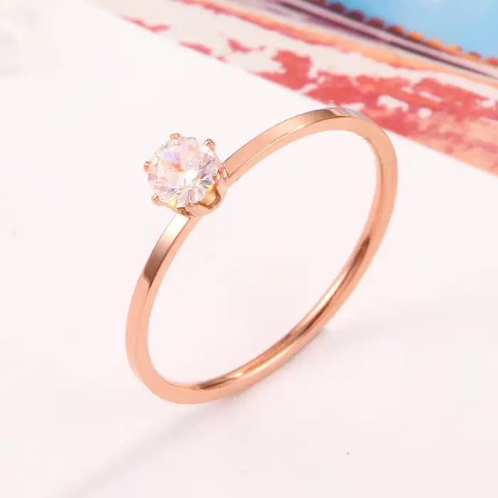 Bague solitaire en acier inoxydable, mode coréenne, pierre zircone cubique de qualité AAA pour femmes, idéale pour les anniversaires et les occasions spéciales