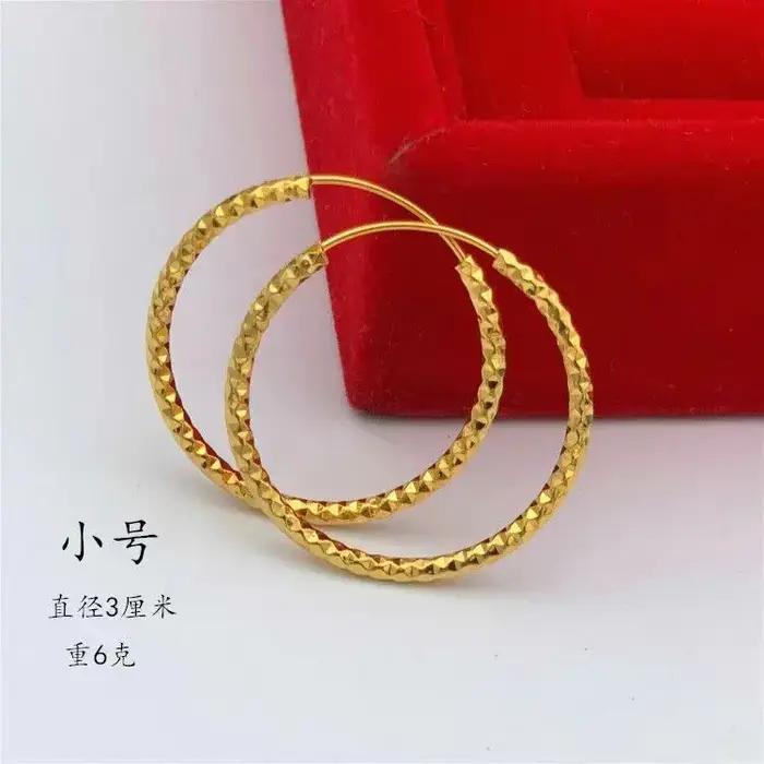 Boucles d'oreilles créoles rondes en or 24 carats AU999, pour femmes, or pur de qualité supérieure,