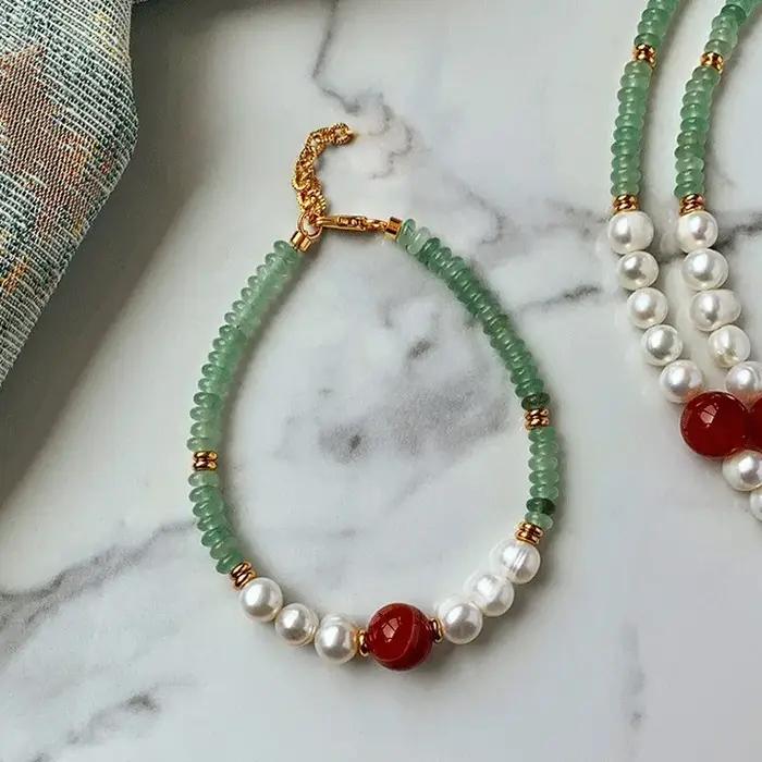 Nouveau Style élégant naturel Jade & perle d'eau douce & pierre d'agate 14K or rempli femme ensemble
