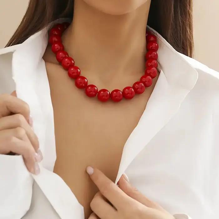 Collier Kpop Mode Grand Lisse Noir Rouge Perles Rondes Acrylique Tour De Cou Bijoux Sur Le Collier Occasions Spéciales