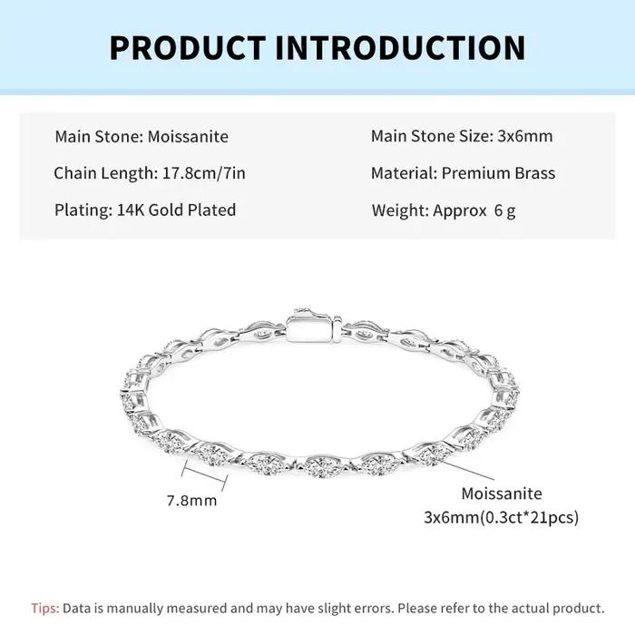 Rrjzz – Bracelet en moissanite de luxe pour femme, coupe marquise, couleur D, 3x6mm, 7 pouces (17,8 cm), chaîne, bijoux de fiançailles, cadeaux