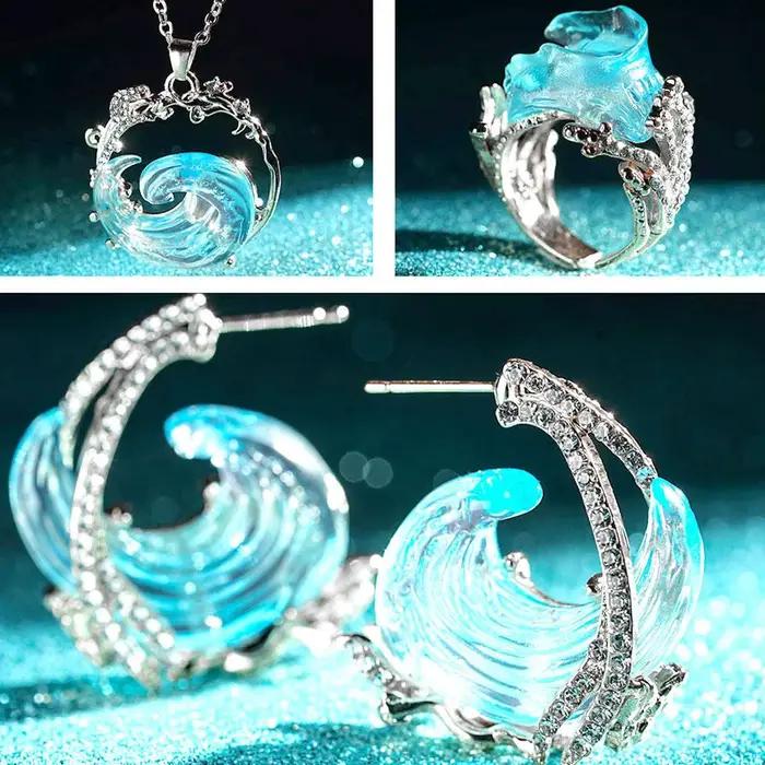 Ensemble de bijoux Ocean's Oath collier bague boucles d'oreilles cadeau femme océan bleu ciel or jaune clair océan tranquille occasions spéciales