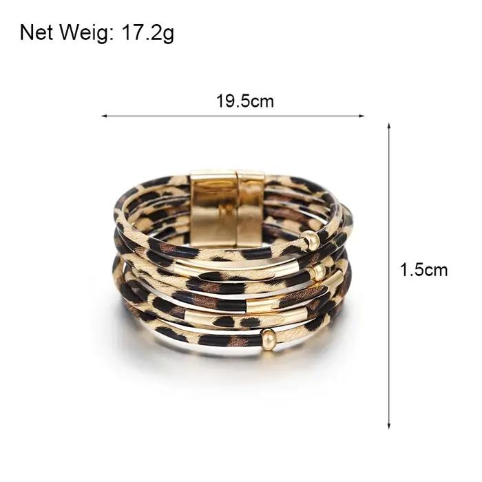 ALLYES Bracelet en cuir léopard bijoux mode femmes Tube en métal dames large Boho multicouche Bracelets d'enveloppement et Bracelets