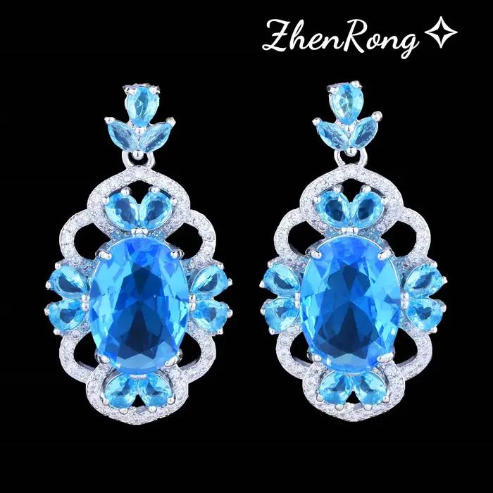 Foydjew Reykjavik esthétique luxe Banquet Simulation aigue-marine ensembles de bijoux mer bleu pierre pendentif colliers boucles d'oreilles bagues