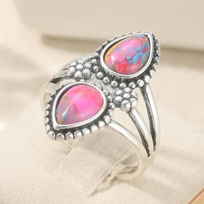Bague en turquoise synthétique en forme de goutte d'eau de style bohème pour femme, bijoux vintage exquis pour banquets et vacances, accessoires artisanaux