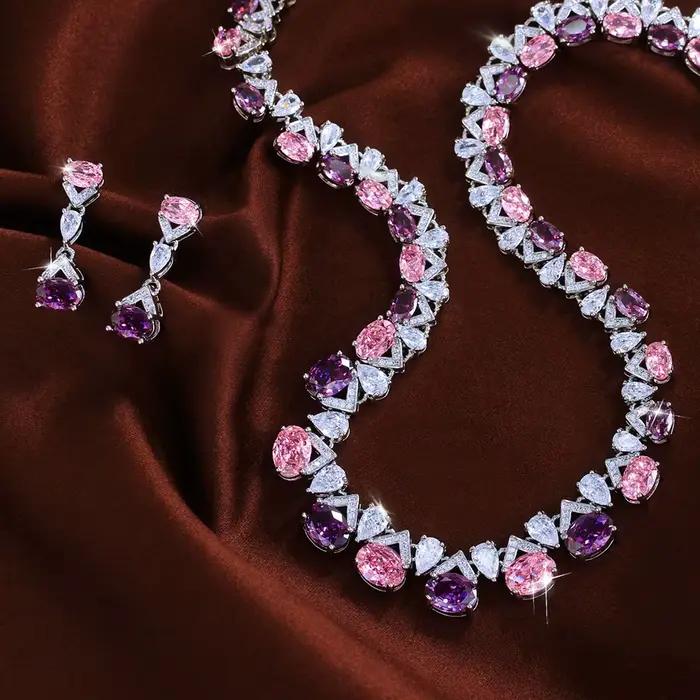 Pera – collier ovale de luxe en zircone rose et violette, boucles d'oreilles brillantes pour femmes, ensemble de bijoux pour mariage, banquet, soirée, J088