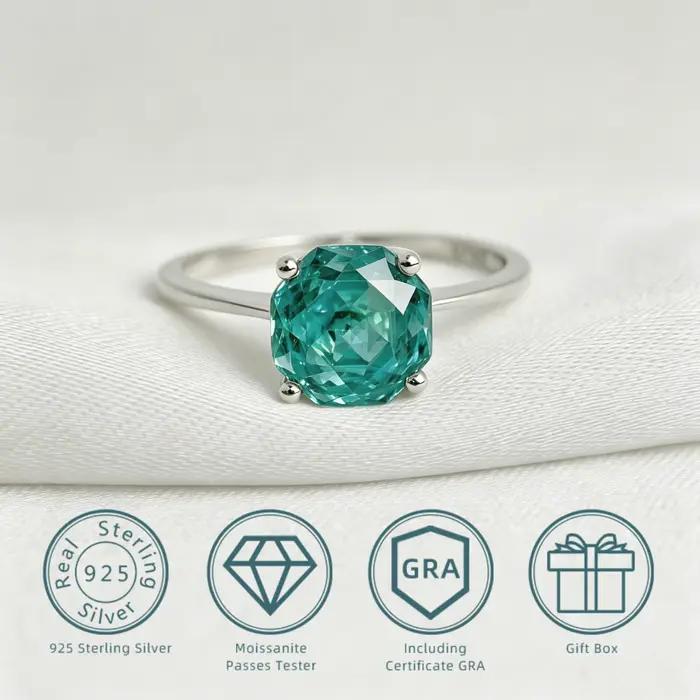 Bague solitaire en moissanite bleu-vert taille octogonale 8*8mm 2 carats, bijou en argent sterling 9