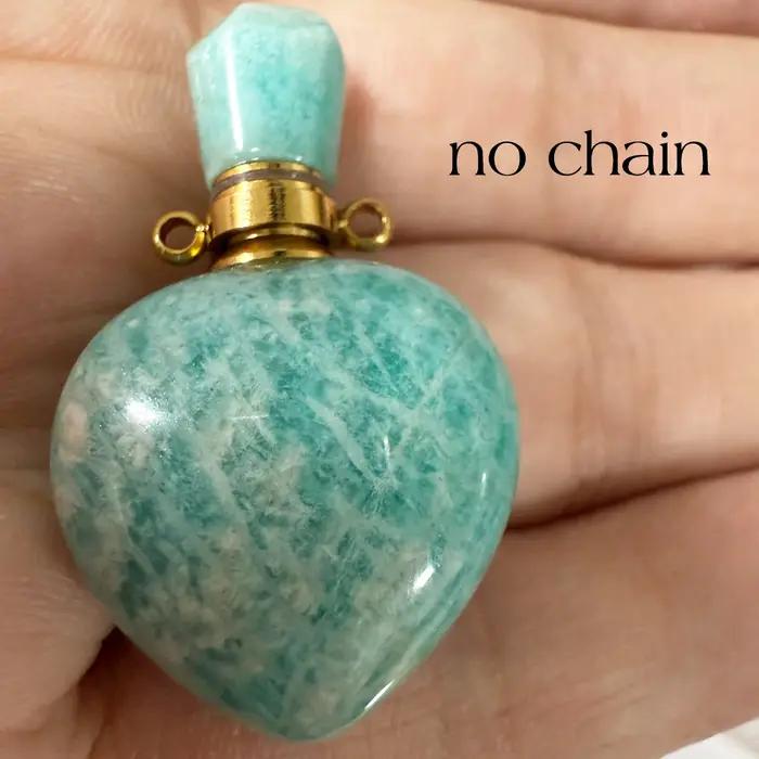 Collier bouteille de parfum Amazonite, pendentif en pierre en forme de cœur, diffuseur d'huile essentielle, breloques pour femmes et hommes, accessoires de bijoux