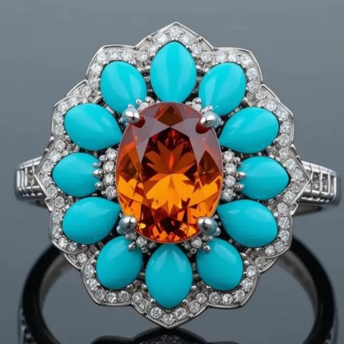 Bague Vintage de Luxe Léger en Forme de Fleur avec Incrustation de Turquoise Synthétique et Zircon, Bague de Tempérament pour Femme, Bijou de Soirée et de Banquet