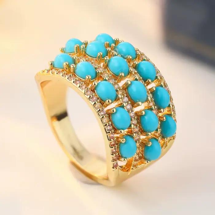 Bague dorée scintillante classique incrustée d'imitation de turquoise pour femme, style bohème, pour festival, banquet, accessoires de bijoux élégants