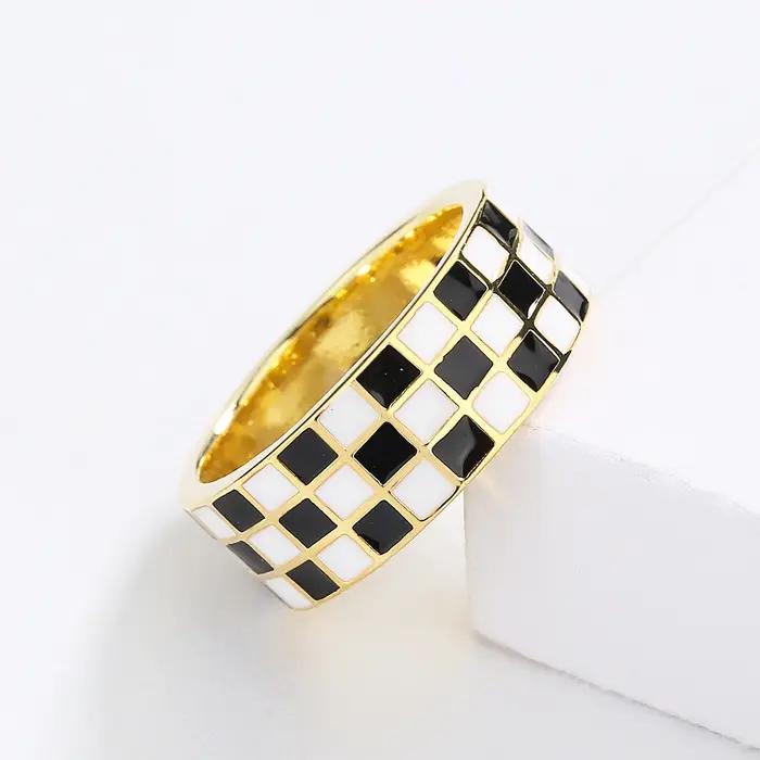 Bague coréenne en forme de goutte d'huile anneau à carreaux noir blanc pour femmes occasions spéciales mariage engagement