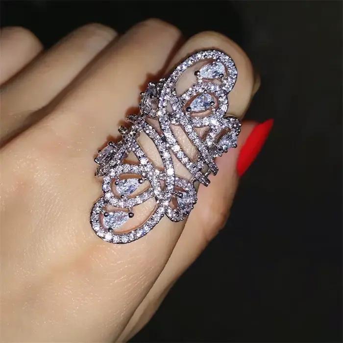 Bague longue ligne remplie d'or blanc pour femme, bijoux en diamant pavé, matiques de fiançailles et