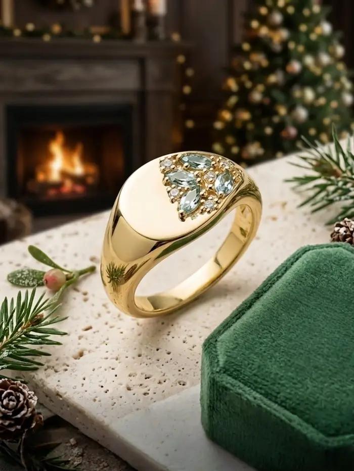 Bague signet vintage en or avec incrustation de zircon bleu